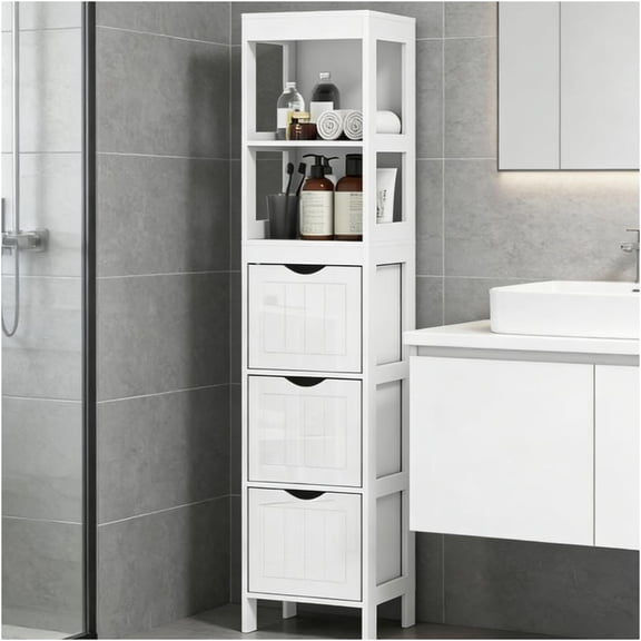 JERFIT Tall White Bathroom Storage Cabinet with Drawers, Slim Freestanding Floor Organizer for Small Space, Modern Narrow Linen Tower with Shelves
