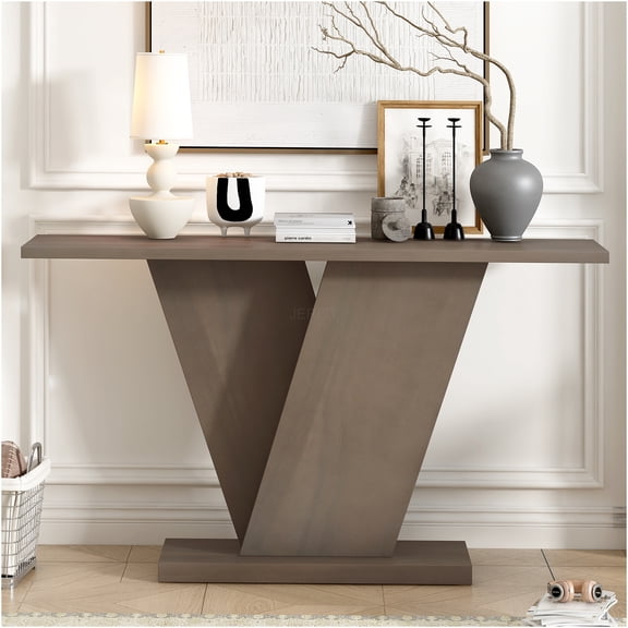 JERFIT Taupe Console Table with Acacia Wood Veneer, 47.2" Sofa Table for Entryway, Hallway & Living Room, Sturdy V-Base Design, Easy Assembly