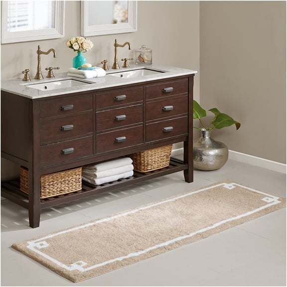 JERFIT Taupe Cotton Bathroom Runner Rug with White Contrast Border 24 x 72 Inch