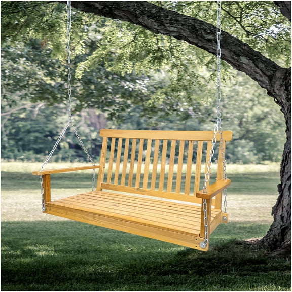 JERFIT Teak Wood Porch Swing with Chains, 800lb Capacity Outdoor Patio Bench Swing Seat with Armrests for Garden, Backyard, Sunroom