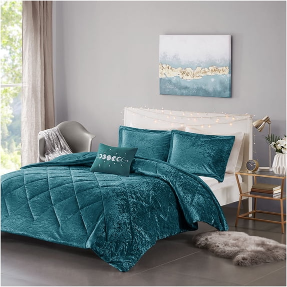 JERFIT Teal Crushed Velvet Comforter Set Queen Full, Diamond Quilted Bedding Set with 2 Pillow Shams & Decorative Pillow, Ultra Soft Hypoallergenic Polyester, Machine Washable