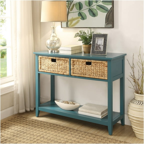 JERFIT Teal Sofa Table with 2 Drawers, Console Table for Entryway, Hallway & Living Room, Farmhouse Style Storage Table with Bottom Shelf, Teal Finish