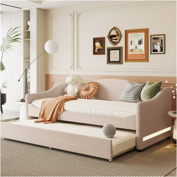 JERFIT Teddy Fleece Twin Size Upholstered Daybed with Light and Trundle Beige