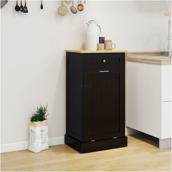 JERFIT Tilt-Out Trash Can Cabinet with Pull-Out Drawer, 10 Gallon Hidden Kitchen Waste Bin Organizer, Freestanding MDF Laundry Storage Locker in Black