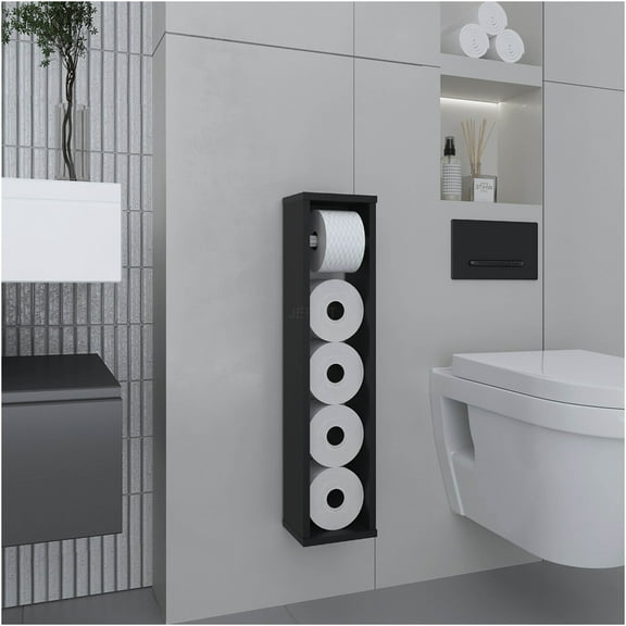 JERFIT Toilet Paper Storage Shelf Organizer, Slim Narrow Bathroom Cabinet with Top Shelf for Toiletries, Freestanding Modern Kitchen Living Room Organizer in Black