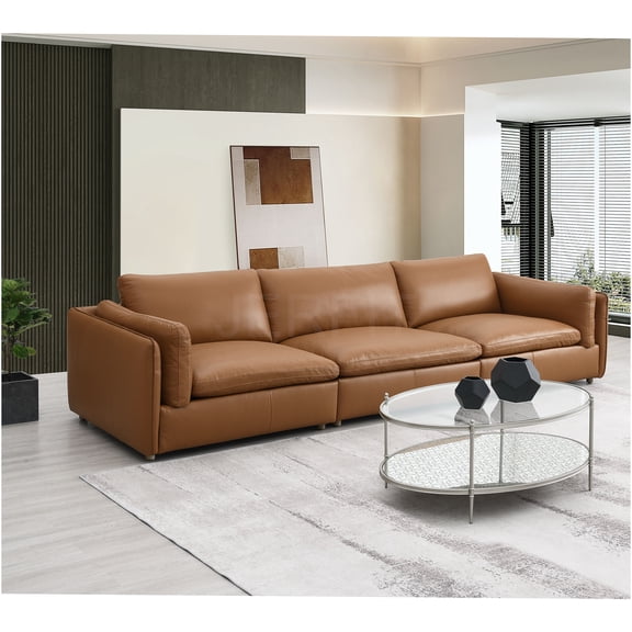 JERFIT Top Grain Leather Modular Sectional Sofa Set, 3-Piece Brown Leather Sofa with Padded Armrests, Modern Living Room Couch, No Assembly Required