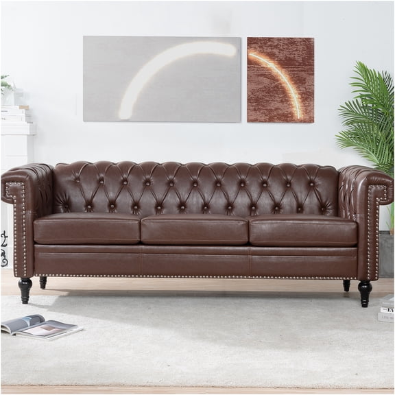 JERFIT Traditional 3-Seater Sofa with Removable Cushions, Square Arms, Dark Brown PU Leather Living Room Couch