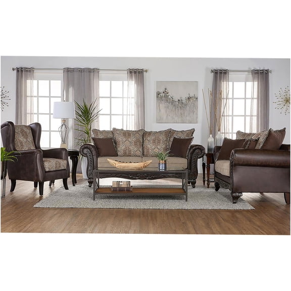 JERFIT Traditional Brown Rolled Arm Sofa for Living Room, Upholstered Fabric and Faux Leather 3-Seater Couch with Carved Wood Details