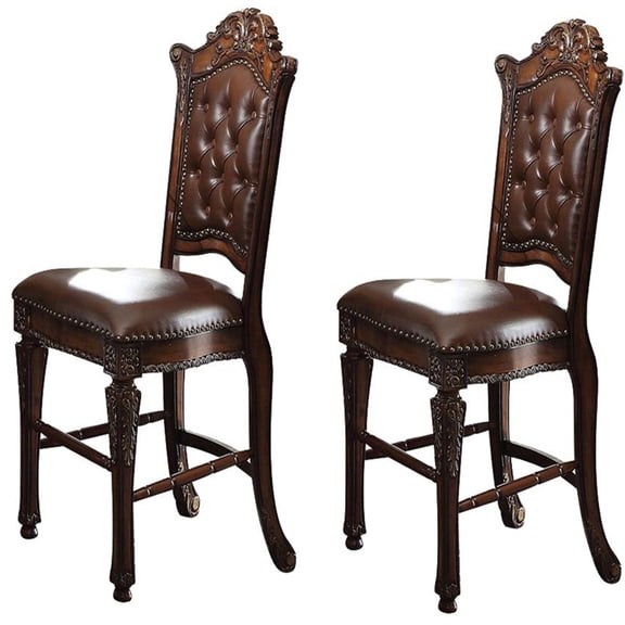 JERFIT Traditional Cherry Bar Stools Set of 2, Counter Height Dining Chairs with Tufted Back and Nailhead Trim for Kitchen Island, Bistro, Breakfast Nook