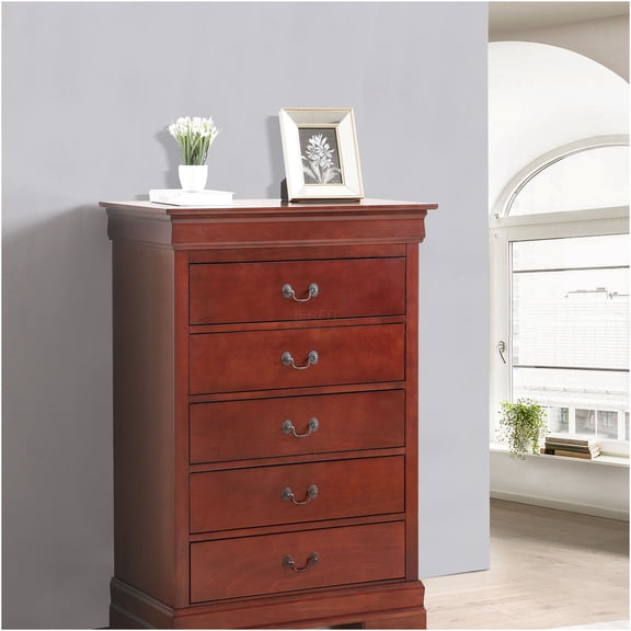 JERFIT Traditional Cherry Wood Chest Dresser with Dovetail Drawers, Elegant Carved Base for Bedroom Storage, 33 Inch Wide
