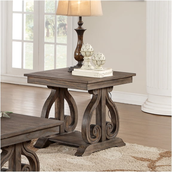 JERFIT Traditional End Table with Shelf, Dark Oak Finish, Scrolled Base, Wood Accent Table for Living Room