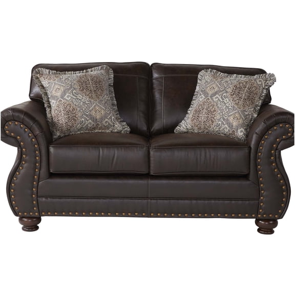 JERFIT Traditional Loveseat Sofa with Nailhead Trim, Faux Leather Upholstery, Rolled Arms and Bun Feet for Living Room, Espresso Brown