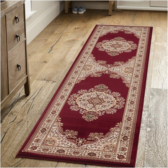 JERFIT Traditional Red Medallion Area Rug 2'7"x9'10" Non-Shedding Stain Resistant Polypropylene Rug for High Traffic Living Room Entryway Bedroom