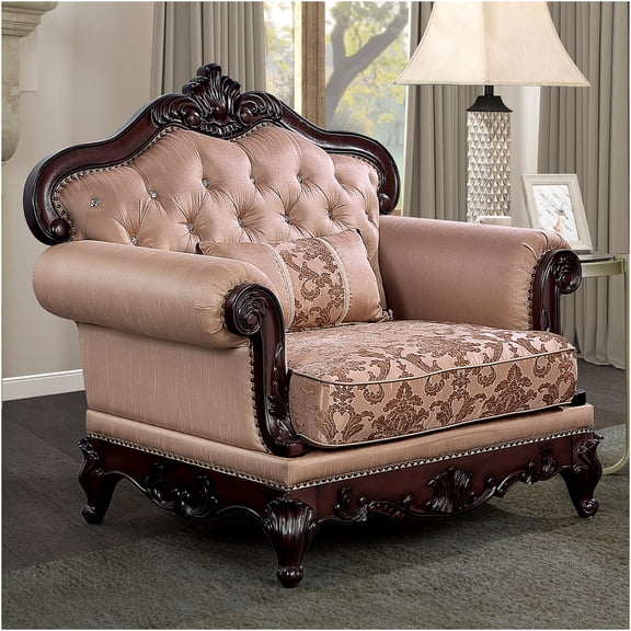 JERFIT Traditional Rolled Arm Accent Chair with Nailhead Trim, Button Tufted Back and Pillow, Dark Cherry and Light Brown Finish