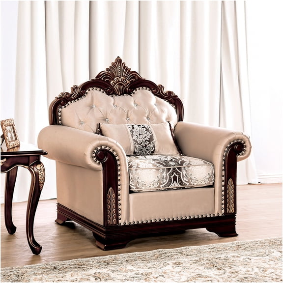 JERFIT Traditional Rolled Arm Accent Chair with Pillow, Dark Cherry and Beige Upholstery, Solid Wood Frame for Living Room, Study