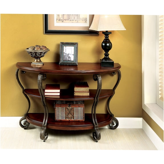 JERFIT Traditional Sofa Table with Open Shelf, Solid Wood Console Table with Ornate Scroll Legs for Living Room, Brown Cherry Finish