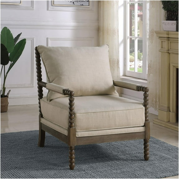 JERFIT Traditional Spindle Accent Chair with Removable Back, Beige Fabric Upholstered Armchair for Living Room, Sunroom