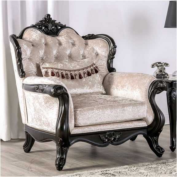 JERFIT Traditional Wingback Accent Chair with Diamond Tufted Back and Cabriole Legs, Black and Off-White Upholstery