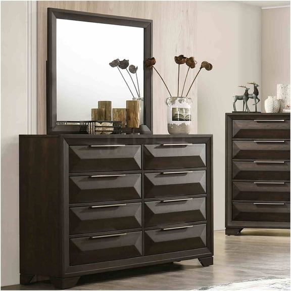 JERFIT Transitional 8-Drawer Dresser with Mirror, Espresso Finish, Beveled Bracket Feet & Metal Handles for Bedroom Storage