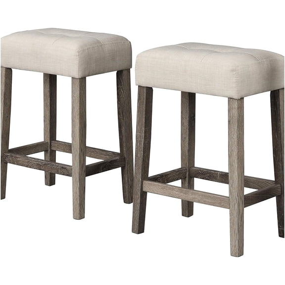 JERFIT Transitional Backless Counter Stool Set of 2, Upholstered Linen Fabric Cushion, Antique Oak Finish, Kitchen Island & Bar Height Stools