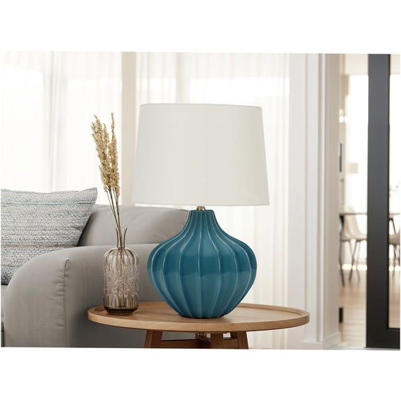 JERFIT Transitional Ceramic Table Lamp with Linen Shade, 3-Way Rotary Switch, Curved Blue Base, Gold Finial for Living Room, Bedroom, Office