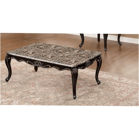 JERFIT Transitional Coffee Table with Marble Top, Cabriole Legs, Gold Accents for Living Room, Dark Walnut Finish