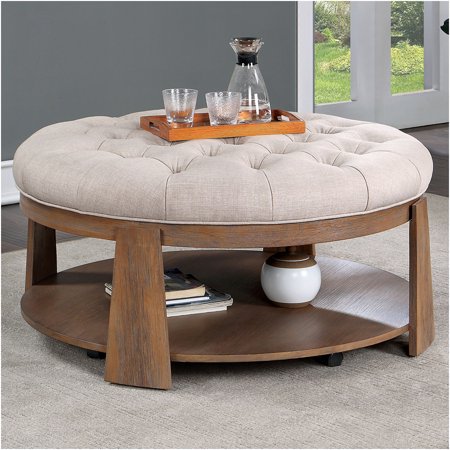 JERFIT Transitional Ottoman with Storage Shelf, Button Tufted Linen-Like Upholstery, Wire-Brushed Solid Wood Frame in Beige and Natural Finish