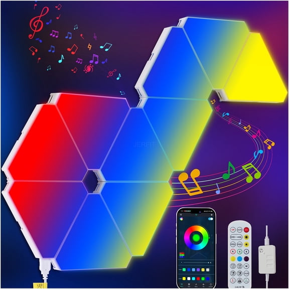 JERFIT Triangular RGB Modular LED Wall Panels 10 Pack, White ABS+PC Corded Electric Lighting for Indoor Use