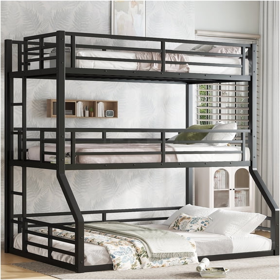 JERFIT Triple Bunk Bed, Metal Twin over Twin over Full XL Bunk Bed with Guardrails, Space-Saving Design for Dorms, Hostels Multi-Purpose Rooms, Black