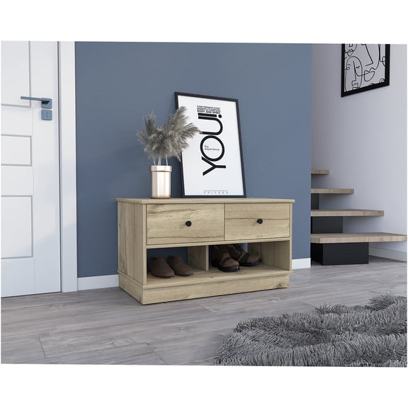 JERFIT Tulip Storage Bench with 2 Drawers & Shelves, Beige Melamine Engineered Wood, Entryway, Bedroom, Living Room Organizer