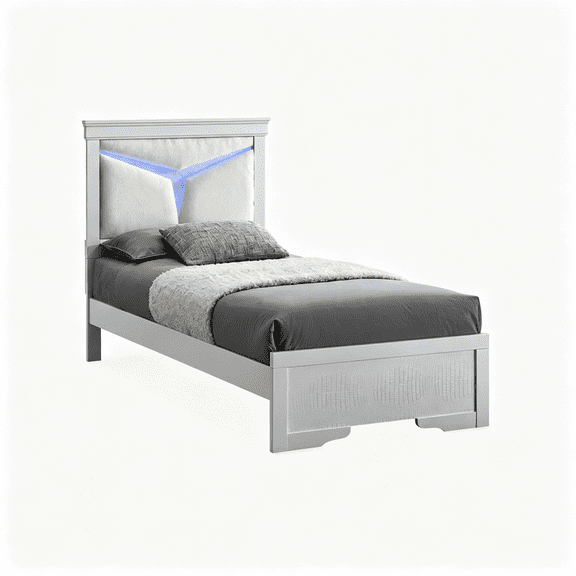 JERFIT Twin Bed Frame with LED Headboard and Plush Teddy Bear Fabric, White Wood Platform Bed, Requires Box Spring, Assembly Required