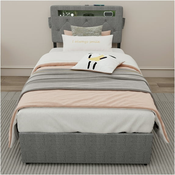 JERFIT Twin Bed Frame with RGB LED Headboard, USB Charging Ports, 4 Storage Drawers, Upholstered Platform Bed with No Box Spring Needed, Light Gray