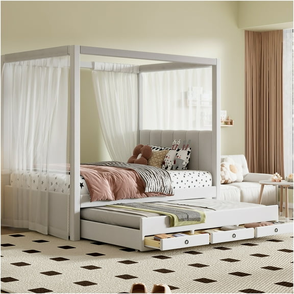 JERFIT Twin Canopy Bed with Trundle, Beige Upholstered Platform Bed Frame with 3 Storage Drawers, No Box Spring Needed