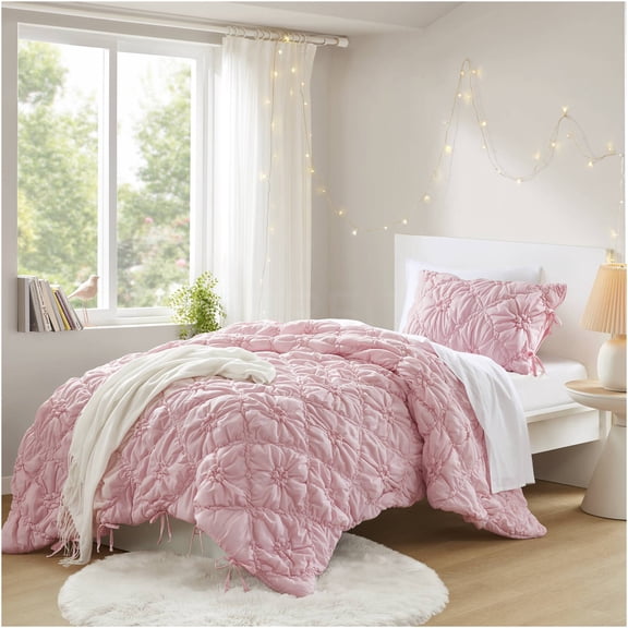 JERFIT Twin Comforter Set, Floral Textured Bedding Set with Shams, Pink Puffy Microfiber All-Season Comforter, Lightweight and Breathable