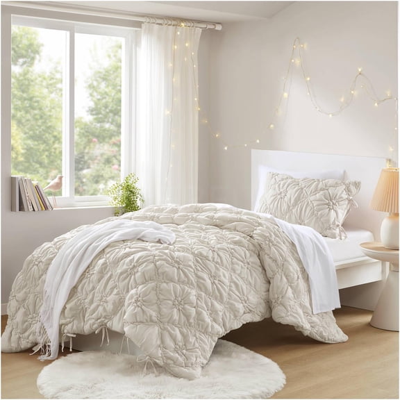 JERFIT Twin Comforter Set Ivory Floral, 2 Piece Puffy Microfiber Bedding Set with Sham, All-Season Lightweight Quilted Comforter