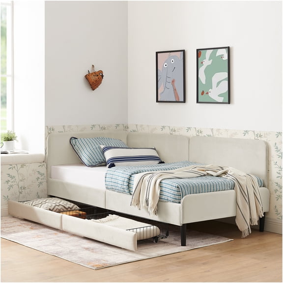JERFIT Twin Daybed with Storage Drawers, Upholstered Velvet Sofa Bed for Small Spaces, Beige Platform Bed Frame, No Box Spring Needed
