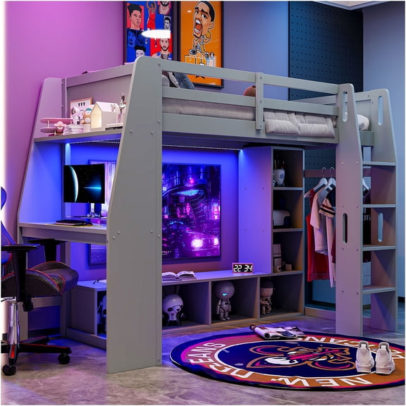 JERFIT Twin Gaming Loft Bed with Desk, Shelves, LED, Clothes Rack, Gray