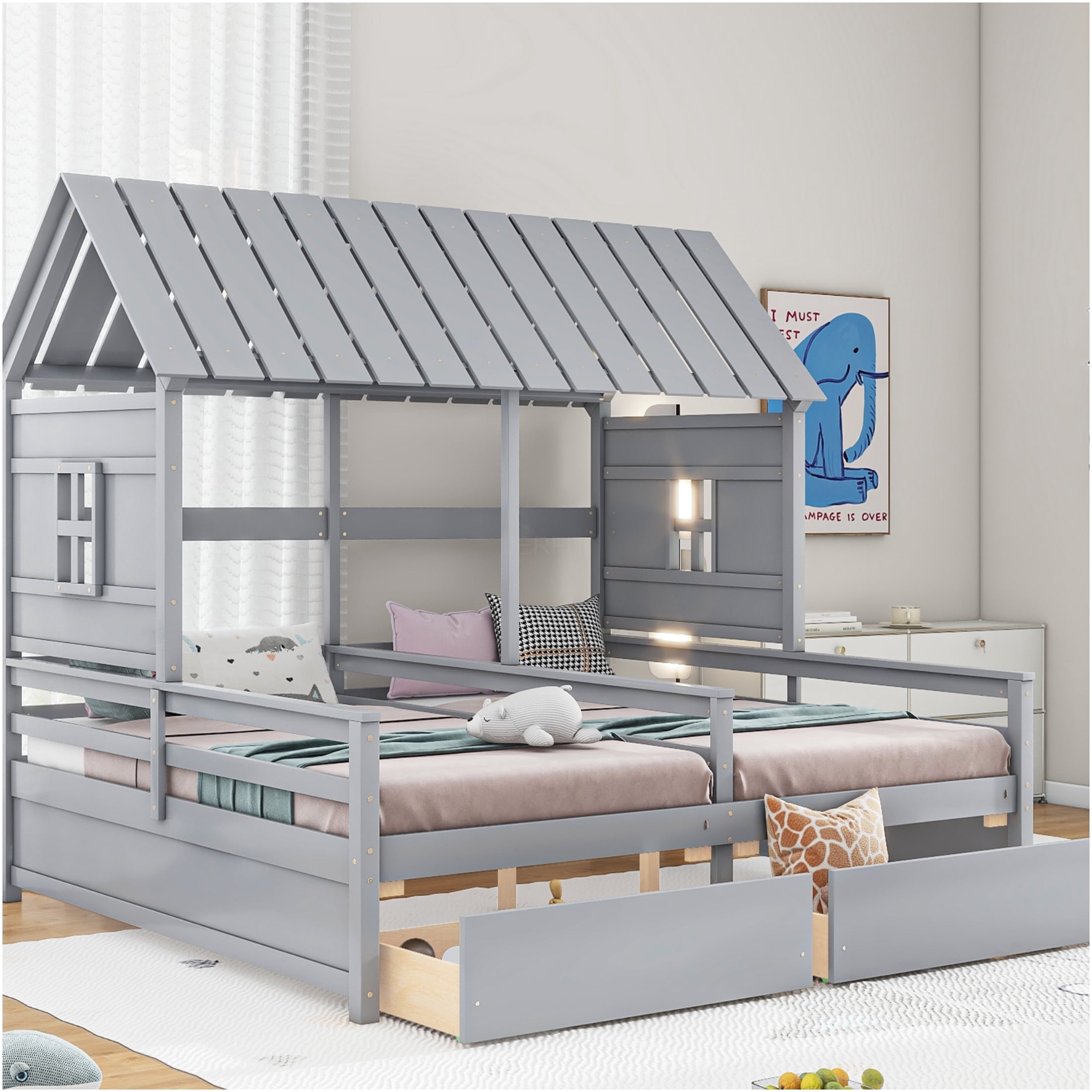 JERFIT Twin House Platform Bed with Storage Drawers, Gray Side by Side Bunk Bed Frame with Slats, No Box Spring Needed, Sturdy Wood Construction