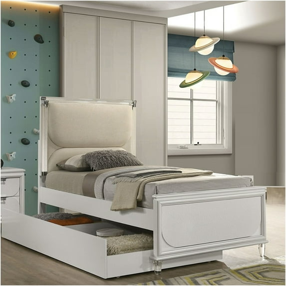 JERFIT Twin LED Upholstered Bed Frame with Trundle, White Glam Platform Bed with Embossed Headboard, No Mattress