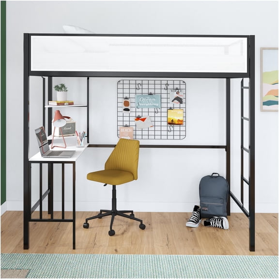 JERFIT Twin Loft Bed with Desk & Shelves