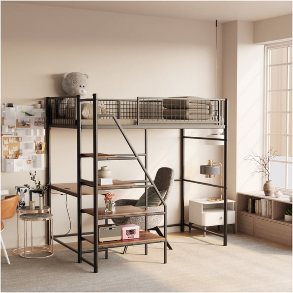 JERFIT Twin Loft Metal Bed with Charging, LED, Black