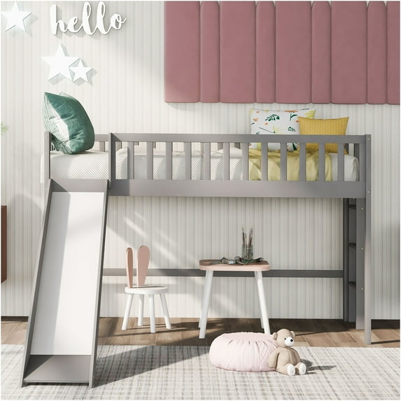 JERFIT Twin Low Loft Bed with Ladder and Slide, Gray