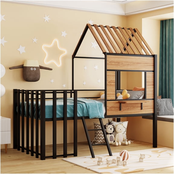 JERFIT Twin Metal Loft Bed with Roof and Ladder, Black