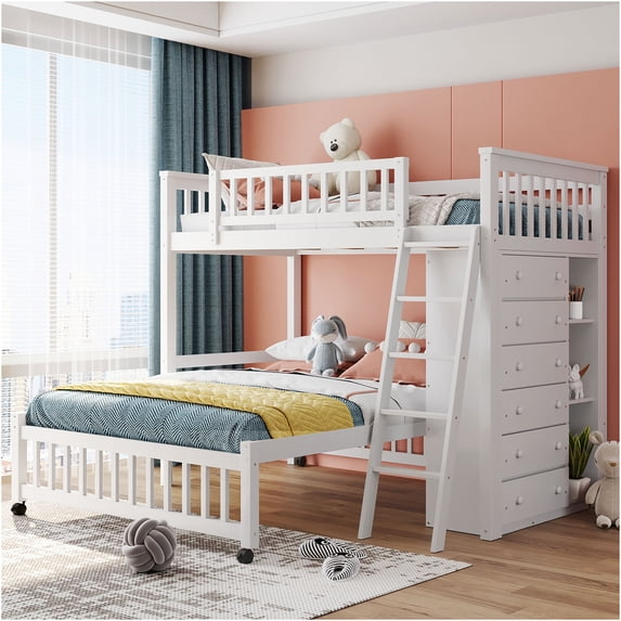 JERFIT Twin Over Full Bunk Bed with Storage Drawers, Shelves, and Mobile Lower Bed, Space-Saver Design in Solid Wood, White