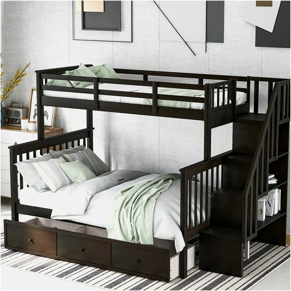 JERFIT Twin over Full Bunk Bed with Stairs, Storage Drawers, Guard Rail, Solid Wood Frame for Space Saving, Dorm Room, Espresso Finish