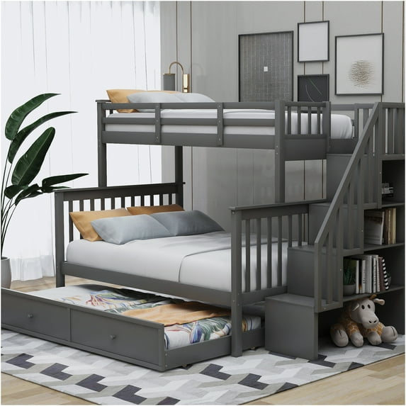 JERFIT Twin-Over-Full Bunk Bed with Twin size Trundle Storage and Guard Rail for Bedroom Dorm