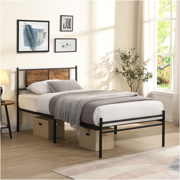 JERFIT Twin Size Bed Frame with Headboard, 10.8" Underbed Storage Space, No Box Spring Needed, Black Metal Platform Bed