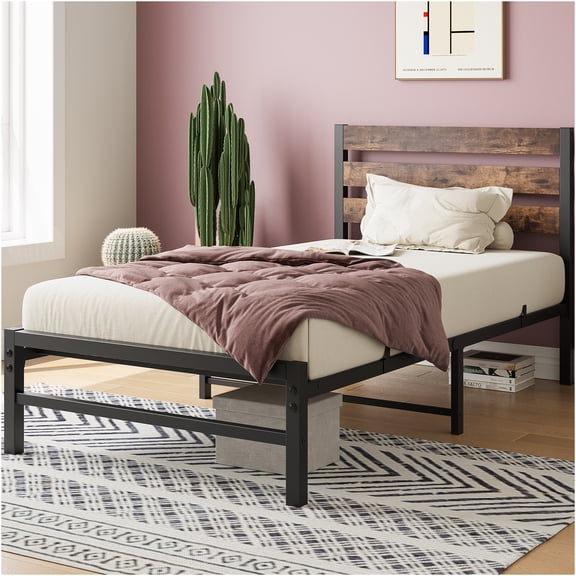 JERFIT Twin Size Bed Frame with Headboard, Black Metal Platform Vintage Wood, 300lb Strong Support, Noise-Free, Underbed Storage, No Box Spring Needed