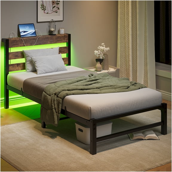 JERFIT Twin Size Bed Frame with Headboard, USB Charging Station, RGB LED Lights, Under-Bed Storage, Heavy Duty Metal Platform, Noise Free, No Box Spring Needed (Beige/Brown)