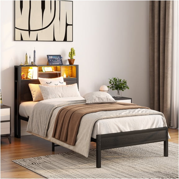 JERFIT Twin Size Bed Frame with Storage Headboard, RGB LED Lights, USB Charging Station Bookcase, Metal Platform Bed with Underbed Storage, No Box Spring Needed, Easy Assembly